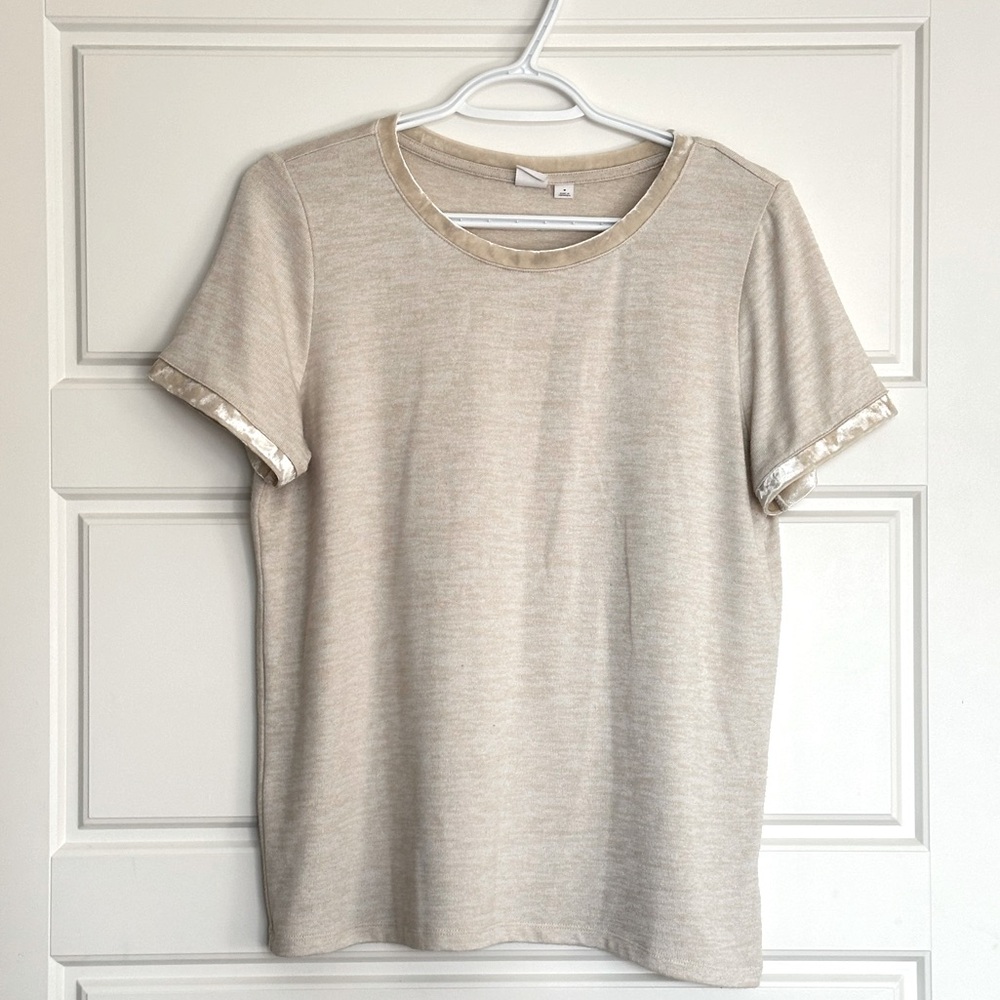 GAP Cream Coloured Velvet Trim Crewneck Tee